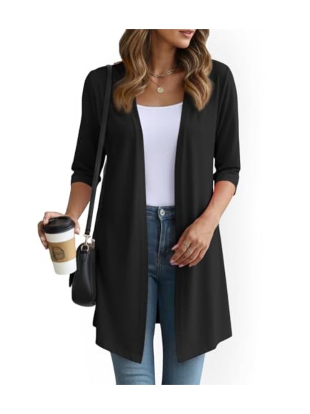 Women's Lightweight Open Front Cardigan 3/4 Sleeve Polyester Spandex